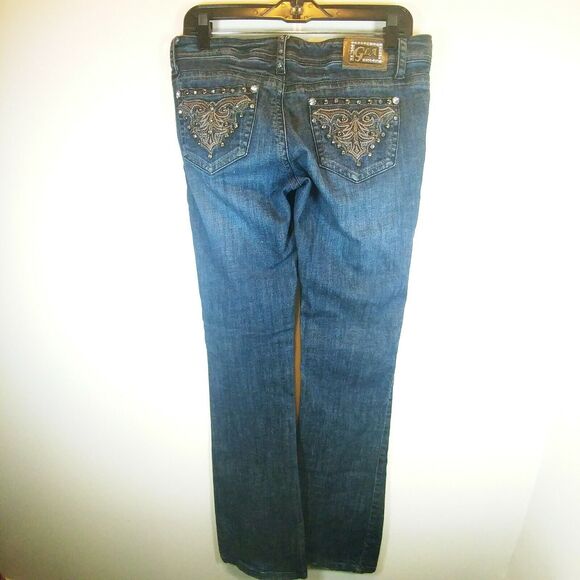 GRACE IN LA USA Bling Gems Jeweled Blue Jeans Boot Cut Pants - Picture 5 of 10